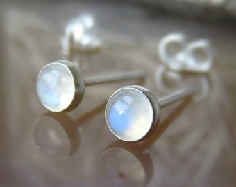 Rainbow Moonstone Stud Earrings 4MM / Moonstone Post Earrings, Sterling Silver Stud Earrings