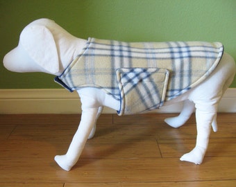 Fleece Dog Coat, Medium, Camel, Gray, Ivory, and Blue-Gray Plaid with Heather Gray Fleece Lining