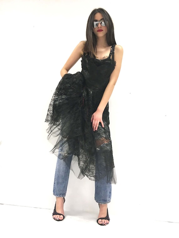 Black Grey LOLA DARLING Lace Dress Luxury Vintage Remake Airbrushed Hand dyed and print Leather Effect with Cabochon Made in Italy Unique