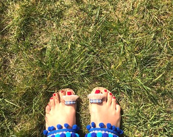 Pom pom sandals "Pansy", Boho sandals, Greek sandals, leather sandals, hippie sandals, Handmade sandals, colorful sandals, festival sandals