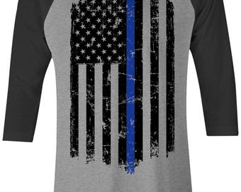 Thin Blue Line American Flag Unisex Adult Raglan T-Shirt Police Officer Support