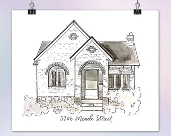 8x10 Custom House Portrait Drawing in Ink & Watercolor