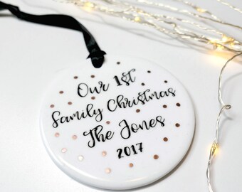 Our first family christmas, personalised decoration, personalised bauble, new baby gift, mr mrs gift, rose gold bauble, metallic decoration