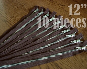 ykk metal zippers, metal zippers, dark brown zippers, jean zippers, aluminium zipper, silver zipper - 12 inch - 10 pieces ALM12