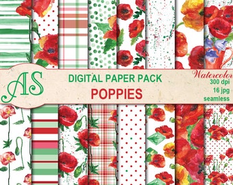Digital Watercolor Poppies Seamless Paper Pack, 16 printable Scrapbooking papers, Floral Collage, Decoupage, Instant Download, set 123