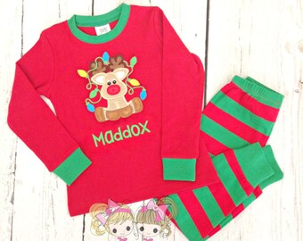 Boys Christmas Pajamas - Reindeer - Custom Holiday Pajamas - Christmas PJ's - Custom embroidered red and green striped pajamas - IN STOCK