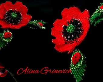 Beaded poppy brooch Gift for woman Red poppy jewelry Ukrainian jewelry Beaded flower brooch Handmade Poppies beautiful gift for her