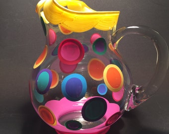 Kool Aid Pitcher! in yellow & pink edges with polka dots by detroit glass company