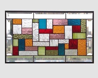 Multi color earth tone stained glass window panel geometric abstract stained glass panel window hanging home decor 0228 19 1/2 x 11 1/2