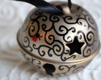 Swirly Gold Jingle Bell Ornament, ladybugs