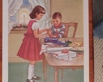 Children Wrapping Christmas Presents 1960