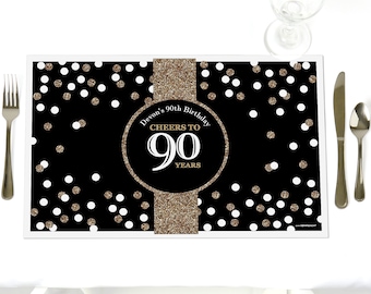 90th Birthday - Party Table Decorations - Adult 90th Birthday - Gold - Personalized Birthday Party Placemats - Party Supplies - Set of 12