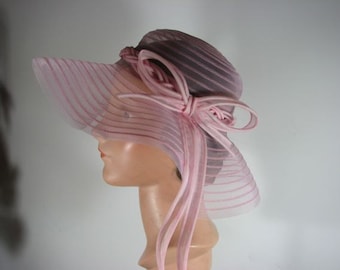 1960s Pretty Pink Net Hat with Organdy Ribbon/Bow....size Medium