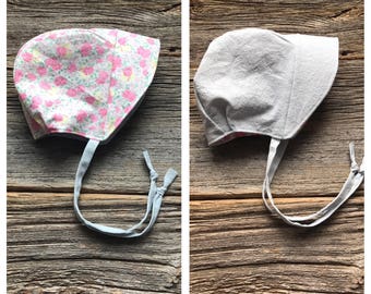 Baby Summer Bonnet, Baby hat, Baby Bonnet, Reversible Baby Hat, Floral Bonnet, Chambray Bonnet