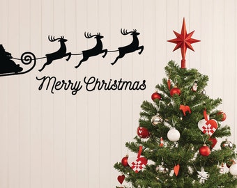 Christmas Wall Decal, Christmas Decoration, Merry Christmas Decal, Sleigh Decal, Santa Wall Decal, Reindeer Decal, Christmas Decor, Party