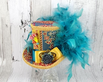 Teal, Gold, and Red Large Mini Top Hat Fascinator, Alice in Wonderland, Mad Hatter Tea Party, Derby Hat