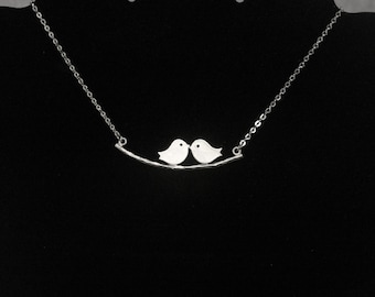 Lovebird necklace , Love Birds Pendant Necklace , twin bird necklace , birdie necklace , tweety necklace matte silver