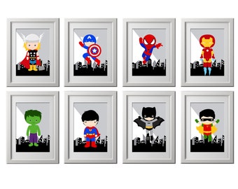 superhero wall art prints, set of 8 PRINTS, superhero decor prints, superhero nursery or bedroom decor wall art, shipped fast high quality