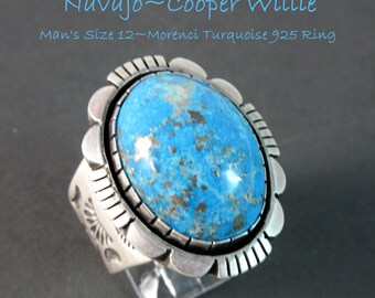 Navajo~COOPER WILLIE~High Domed~Morenci Turquoise~Traditional~MAN's 925 Ring~Size 12