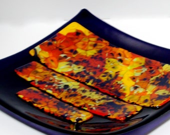 Fused Glass Purple Sushi Plate with Boiled Orange