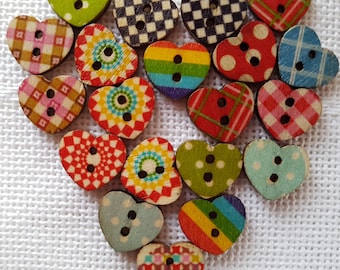 12 buttons 2 holes, heart, wood, fantasy, 15 / 13mm