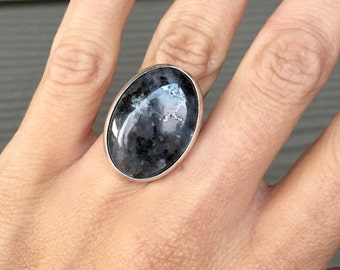 Stunning Unique Large Oval Larvikite Black Grey Silver Statement Sterling Silver Ring