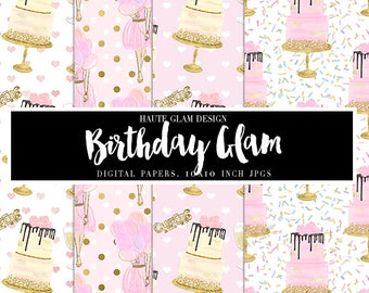 BIRTHDAY GLAM Digital Paper Pack, Pink Glam Birthday, Glittery Birthday Papers, Balloons and Cake, 10" JPG Instant Download, 10 Papers
