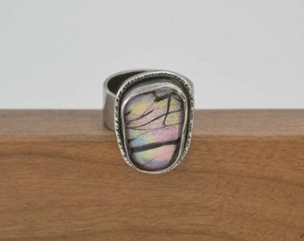Silver Ring with Pink & Black Stone / Silver and Glass Ring / Handmade Ring with Dichroic Glass Stone