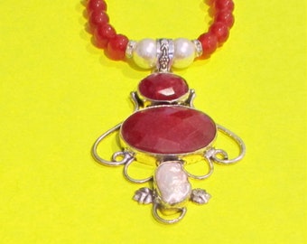 Ruby & Pearl Necklace, Ruby Pendant, Ruby and Pearl Sterling Silver Pendant and Ruby Bead Necklace