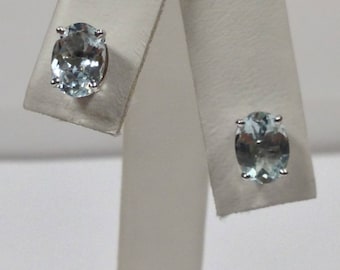 Natural Aquamarine Stud Earrings Solid 14kt White Gold. March Birthstone