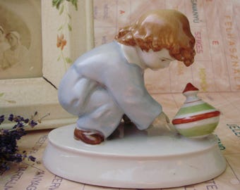 Large,Vintage ZSOLNAY porcelain child w.spinning top ,handpainted