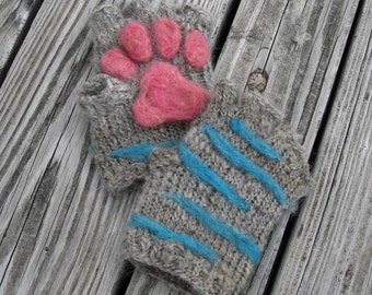 Cheshire Cat Paw Gloves - Needle Felt and Knit