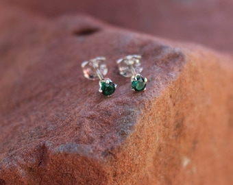 May Birthstone Gift, 3mm Emerald Stud Earrings, Sterling Silver, Round Cut Gemstone, May Birthday Gift