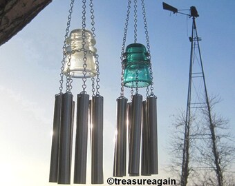 Insulator Garden Windchime Recycled Tea Light Holder, Reclaimed Upcycled Garden Decor, Clear or Aqua Blue Glass Insulator Wind Chime