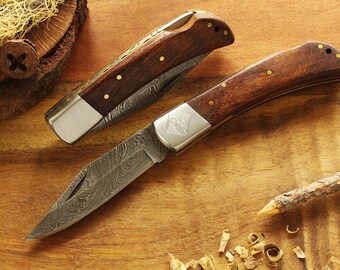 Damascus Wood Handle Knife Engraved - Personalized Groomsman Engraved Pocket Knife - Damascus Steel Blade Knives - Pocket Knife Engraved
