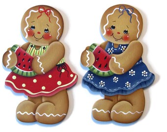 Ginger with Watermelon Ornament or Fridge Magnet, Handpainted Wood Gingerbread Refrigerator Magnet, Hand Painted Ginger, Tole Painting
