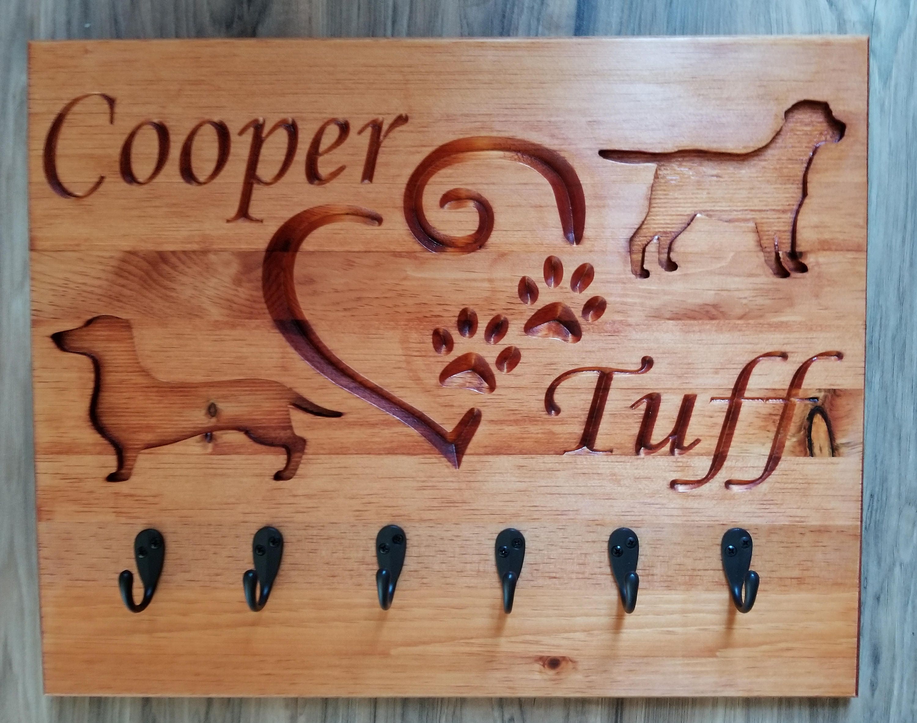 Custom Wood Dog Sign with Hanging Hooks Leash and Collar
