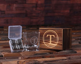 Personalized Whiskey Scotch Glass Set, Stainless Steel Ice-Cubes Sipping Stones, Wood Box Gift for Men, Groomsmen, Father's and Dad (025247)
