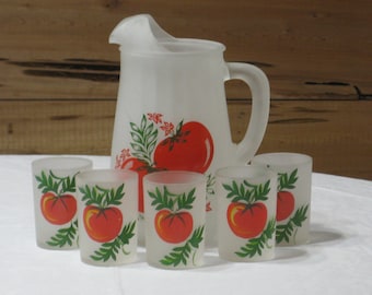 Vintage Hazel Atlas Gay Fad "Tomato" Pitcher & Juice Glass Set Frosted White w/ Red and Green