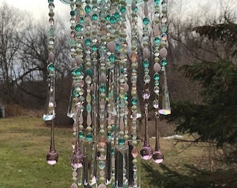 Aqua Fringe Crystal Glass Wind Chime Handmade One Of A Kind