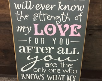 No One Else will ever know the strength of my Love for you. Primitive Country Hand painted Sign, Nursery Baby Room, Baby Shower Gift