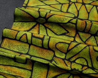 10.4"w. x 25.4"l. Vintage silk kimono fabric green and black flower 2979K