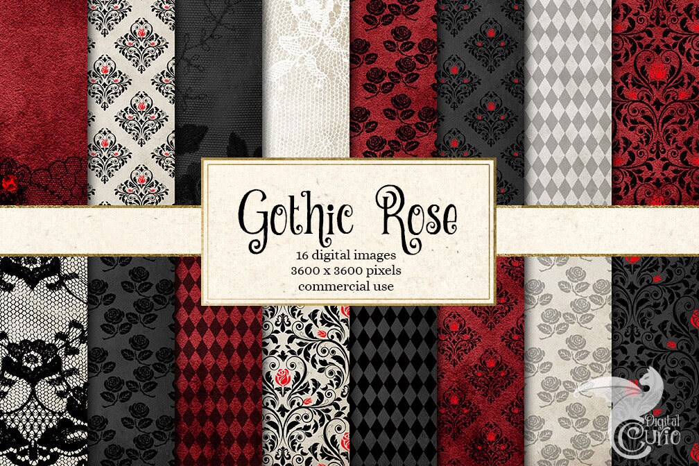 Download Gothic Rose digital paper rose lace black and red damask