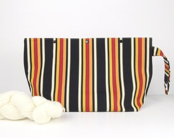 Medium project bag for knitting, striped straight needle project bag with snaps, 3 skein knitting storage for men