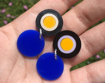 Royal blue & black round drops (Laser Cut Acrylic Earrings)