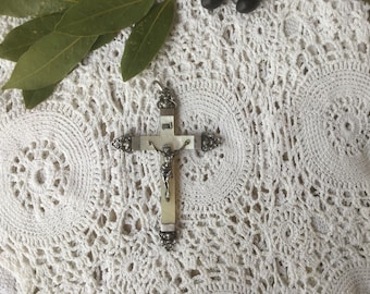 Cross, french antique, mother of pearl sterling silver crucifix 19th century