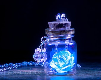The Glowing Rose - Sky Blue Vial Necklace - Silver - BLACK LIGHT