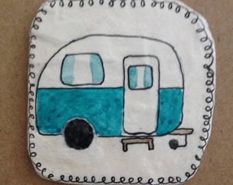 Handmade paper mache Caravan brooch