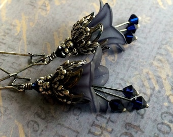 Lily of the Night Earrings, Midnight Blue Flower Earrings, Evening Wedding, Bridesmaid Earrings, Vintage Style Bridal Jewelry