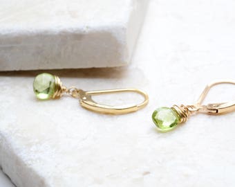 Dainty Peridot earrings in gold, Peridot Jewelry, August Birthstone, Green Peridot, 14K gold filled, Her Birthday Gift, Green Earrings gold